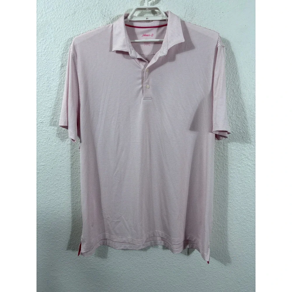 johnnie-O Polo Shirt XXL Pink White Striped Short Sleeve Performance Stretch